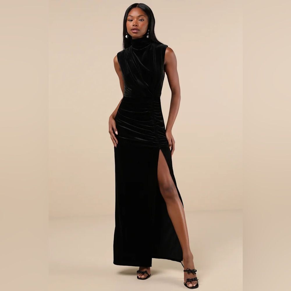 Lulus Alluring Image Black Ruched Velvet Mock Neck Maxi Dress